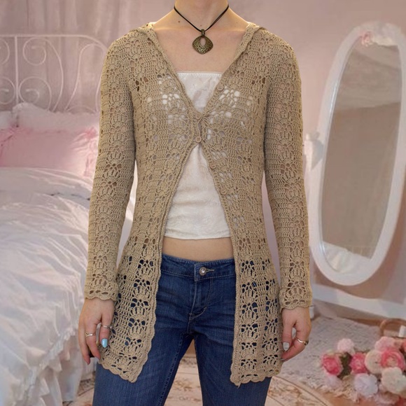 Vintage y2k boho crochet hooded cardigan - Picture 2 of 16